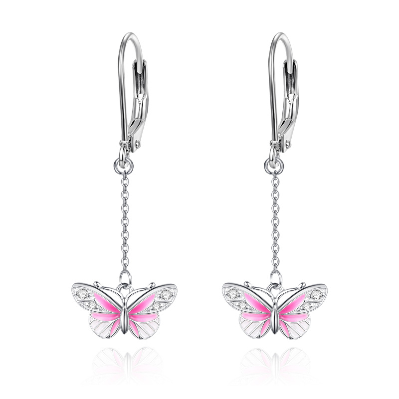 Sterling Silver Circular Shaped Cubic Zirconia Butterfly Lever-back Earrings-6