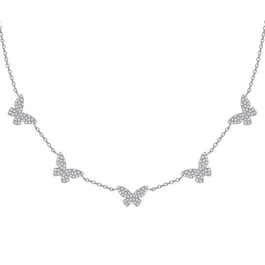 Sterling Silver Circular Shaped Cubic Zirconia Butterfly Metal Choker Necklace