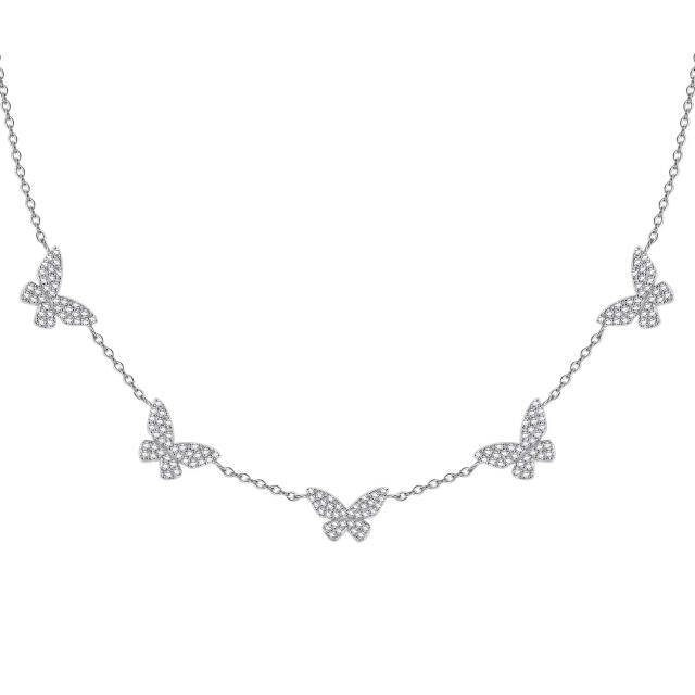 Sterling Silver Circular Shaped Cubic Zirconia Butterfly Metal Choker Necklace-1