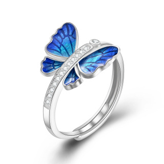 Sterling Silver Circular Shaped Cubic Zirconia Butterfly Open Ring-53