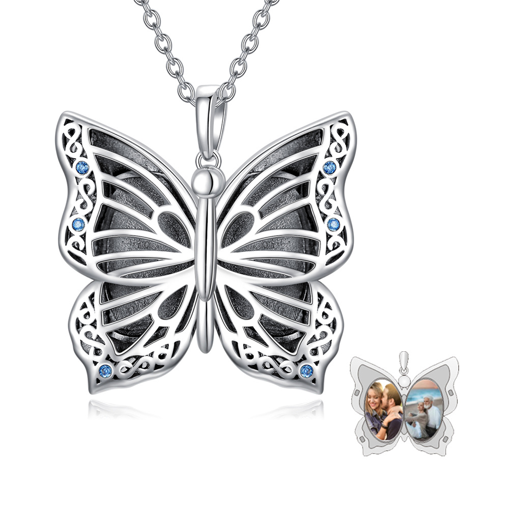 Collana in argento sterling a forma di farfalla circolare con medaglione fotografico personalizzato-1