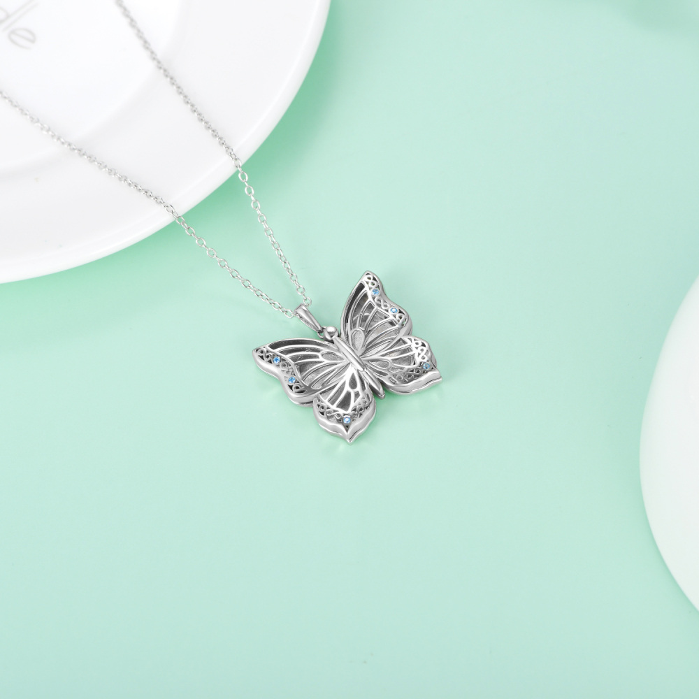 Sterling Silver Circular Shaped Butterfly Personalized Photo Locket Necklace-4