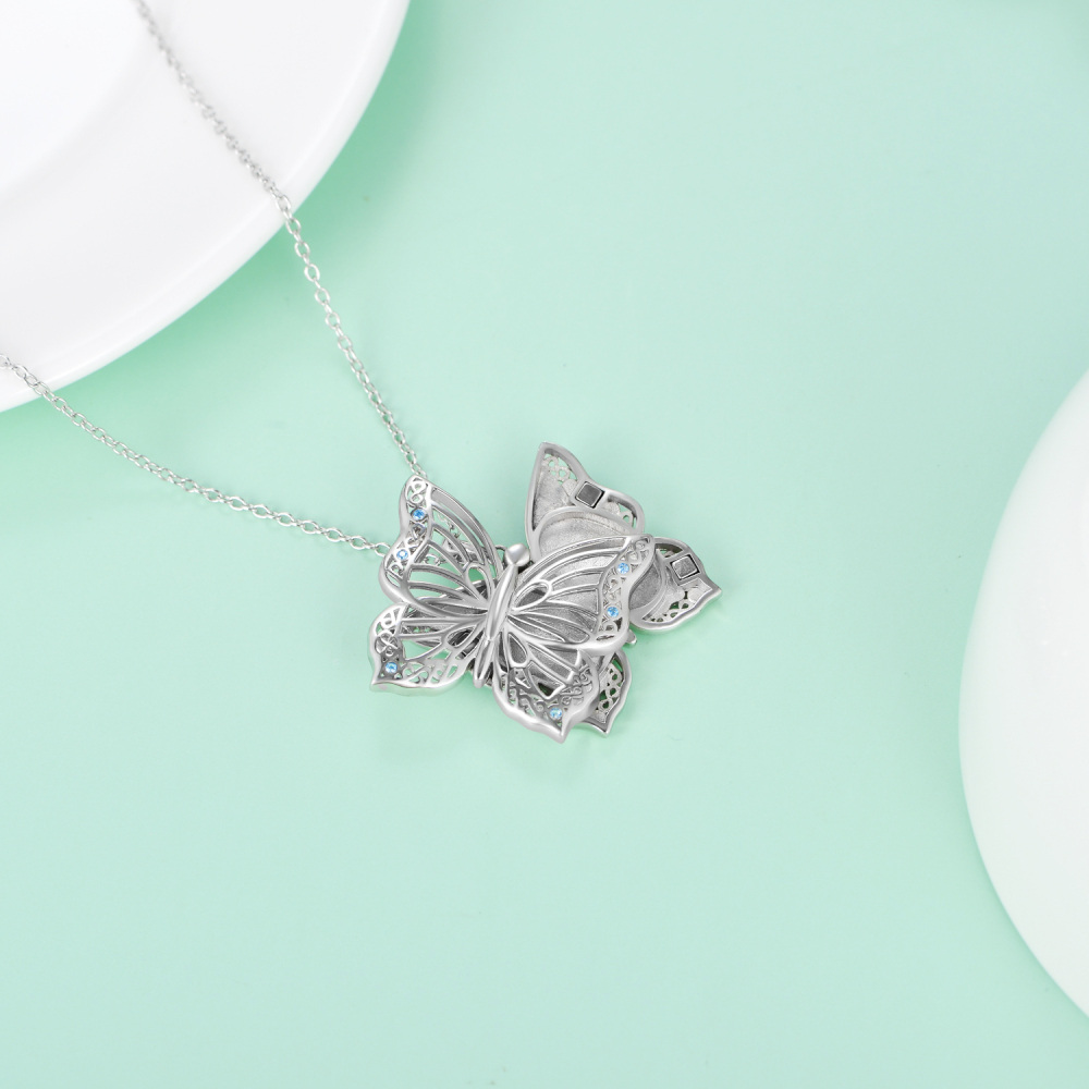 Sterling Silver Circular Shaped Butterfly Personalized Photo Locket Necklace-5