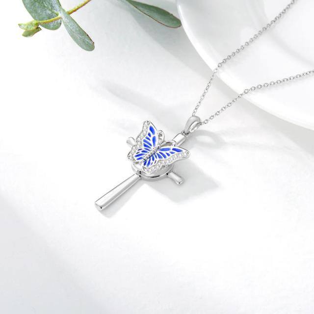 Sterling zilveren cirkelvormige cubic zirkonia vlinder gepersonaliseerde fotozakje ketting-4