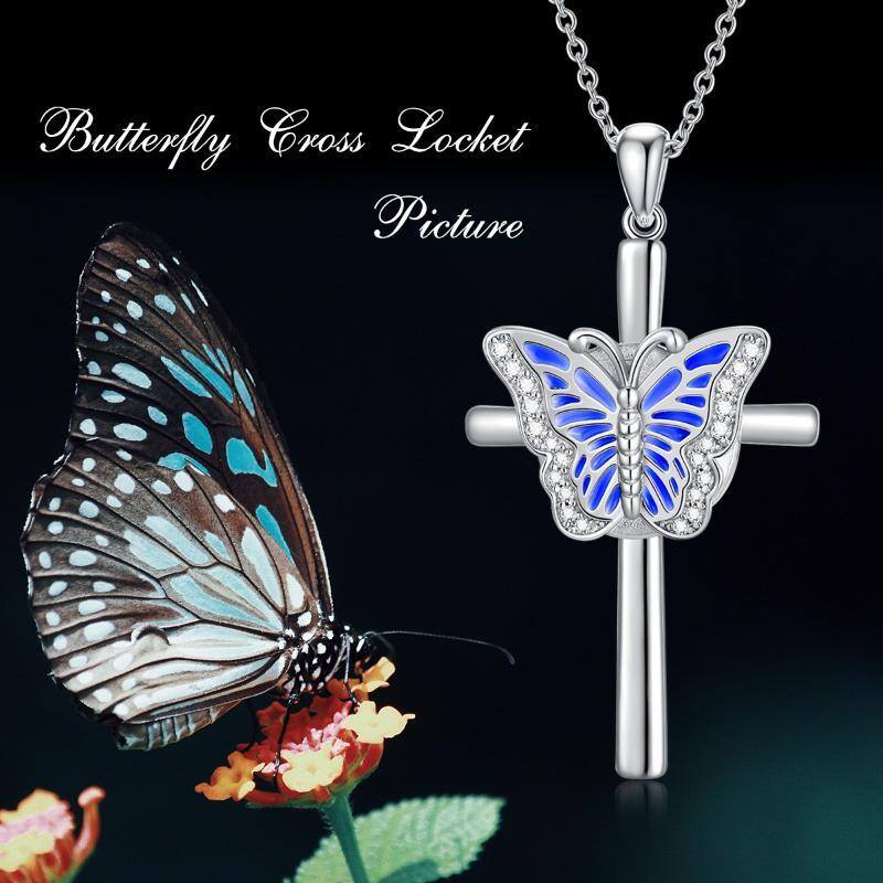 Sterling Silver Circular Shaped Cubic Zirconia Butterfly Personalized Photo Locket Necklace-6