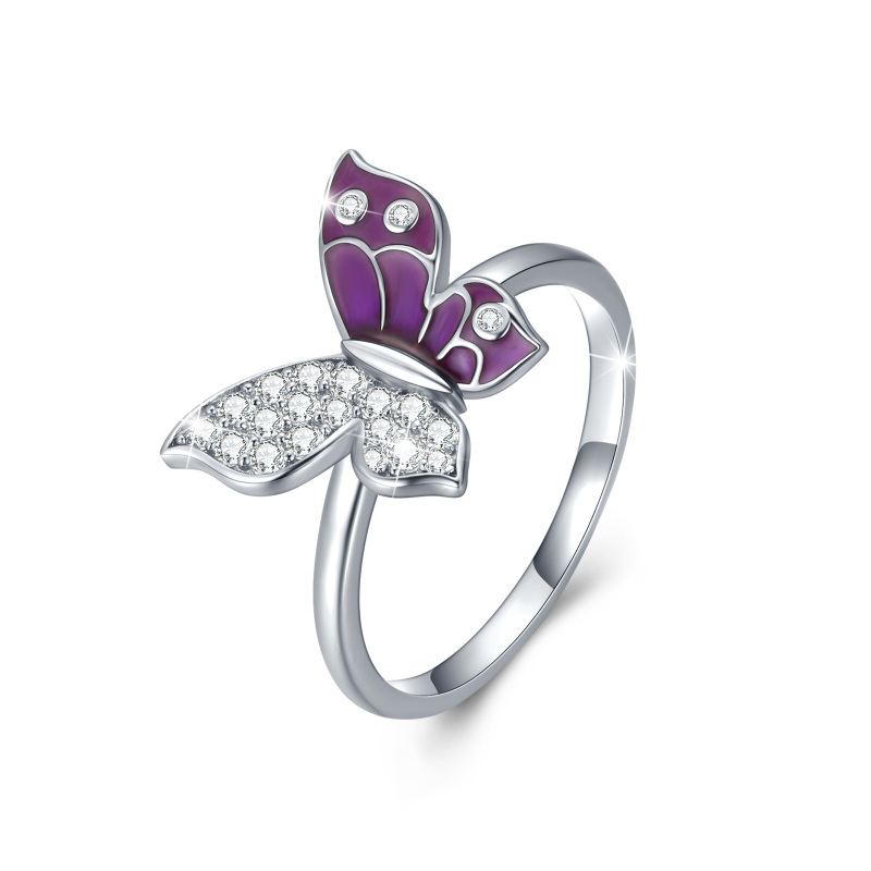 Sterling Silver Round Shaped Cubic Zirconia Butterfly Ring-1
