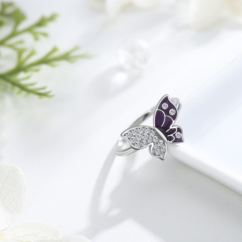 Sterling Silver Round Shaped Cubic Zirconia Butterfly Ring-4