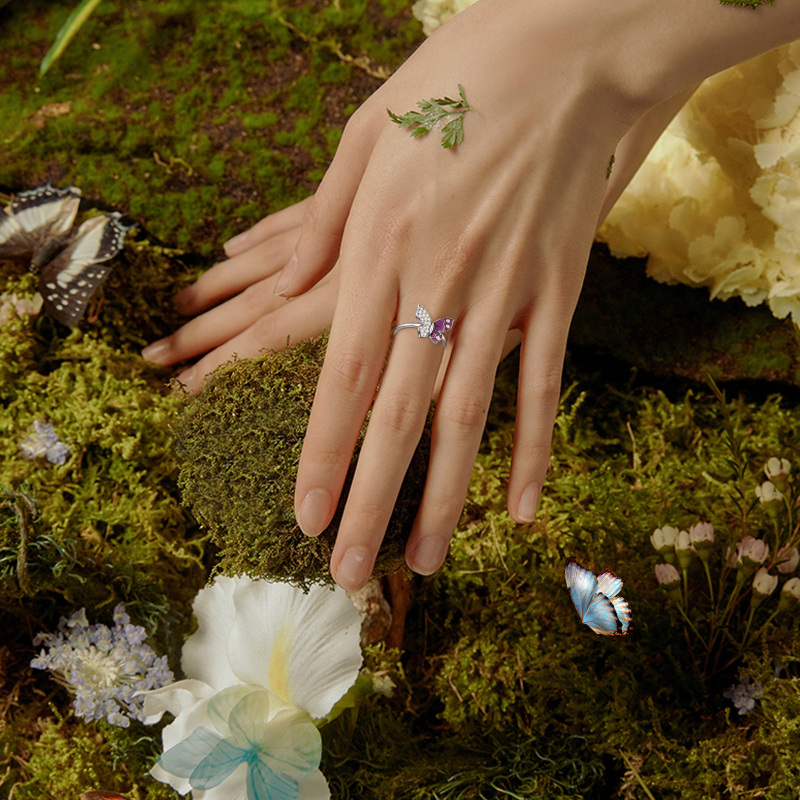 Sterling Silver Round Shaped Cubic Zirconia Butterfly Ring-6
