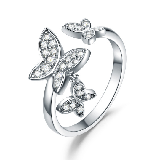 Anillo de mariposa con circonita cúbica en forma circular de plata de ley