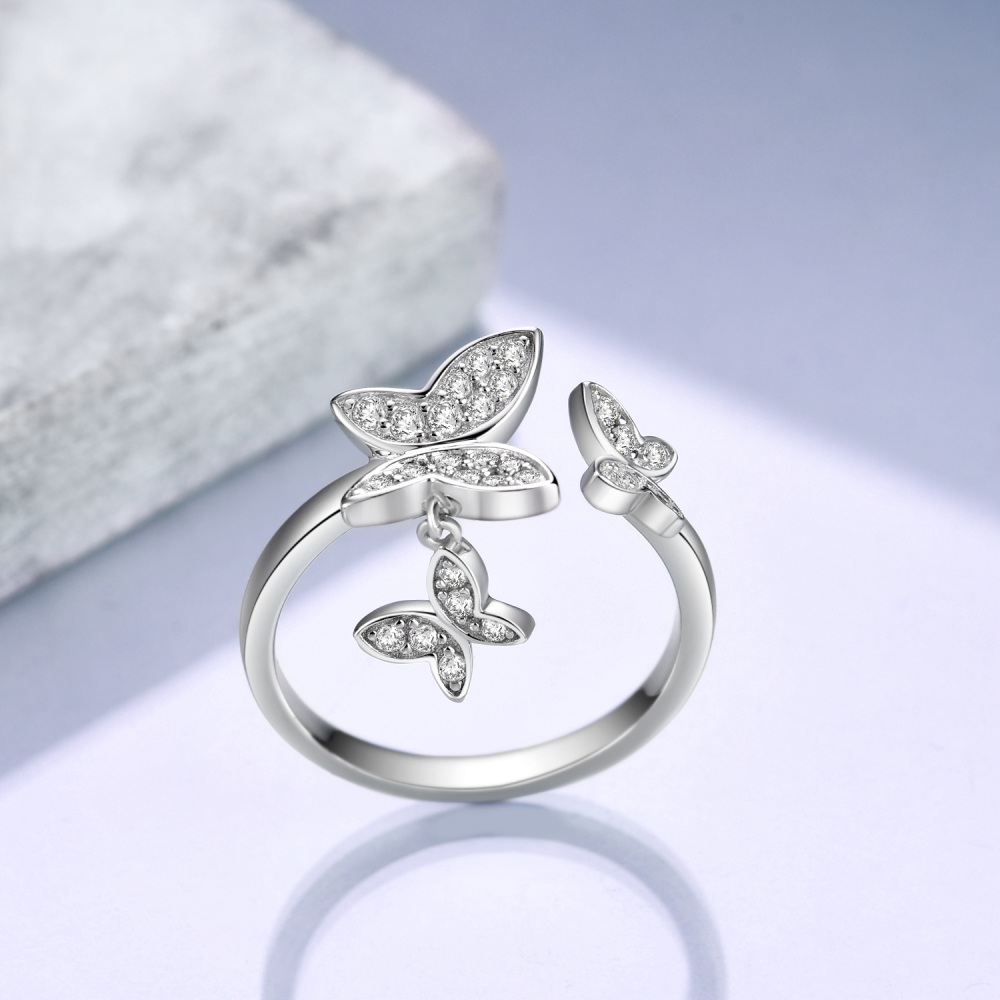 Anello a forma di farfalla con zircone circolare in argento sterling-3