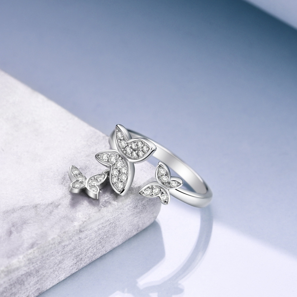 Anello a forma di farfalla con zircone circolare in argento sterling-4
