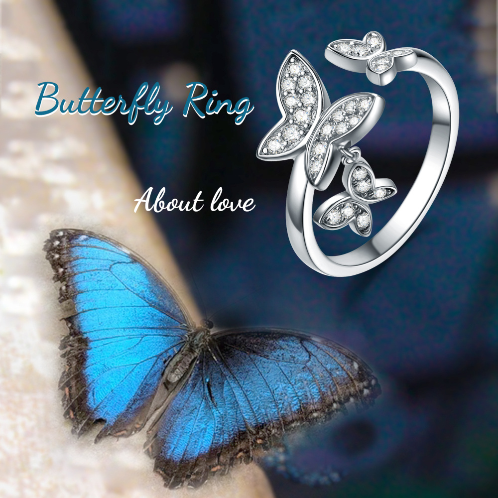 Anello a forma di farfalla con zircone circolare in argento sterling-5