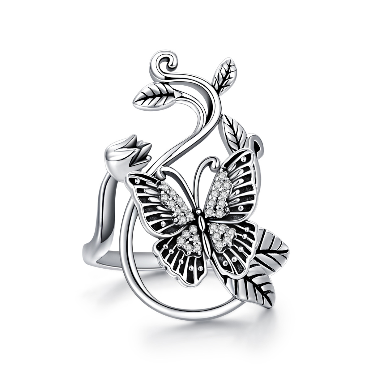 Sterling Silver Vintage Butterfly & Rose Open Ring-1