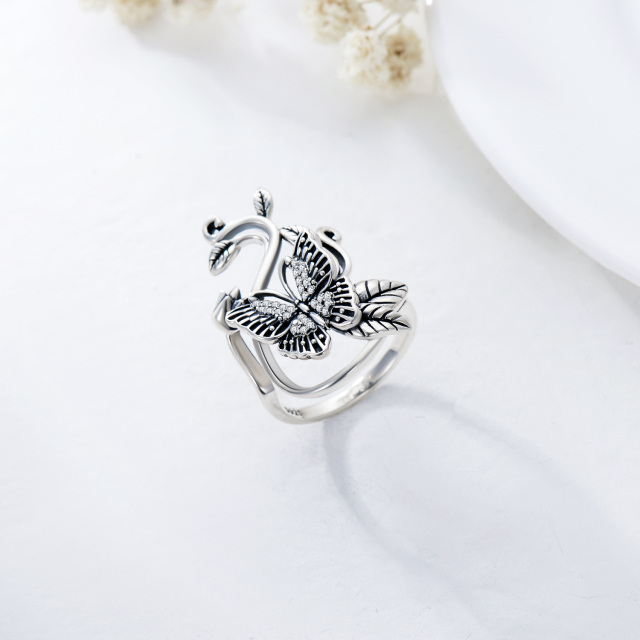 Sterling Silver Vintage Butterfly & Rose Open Ring-4