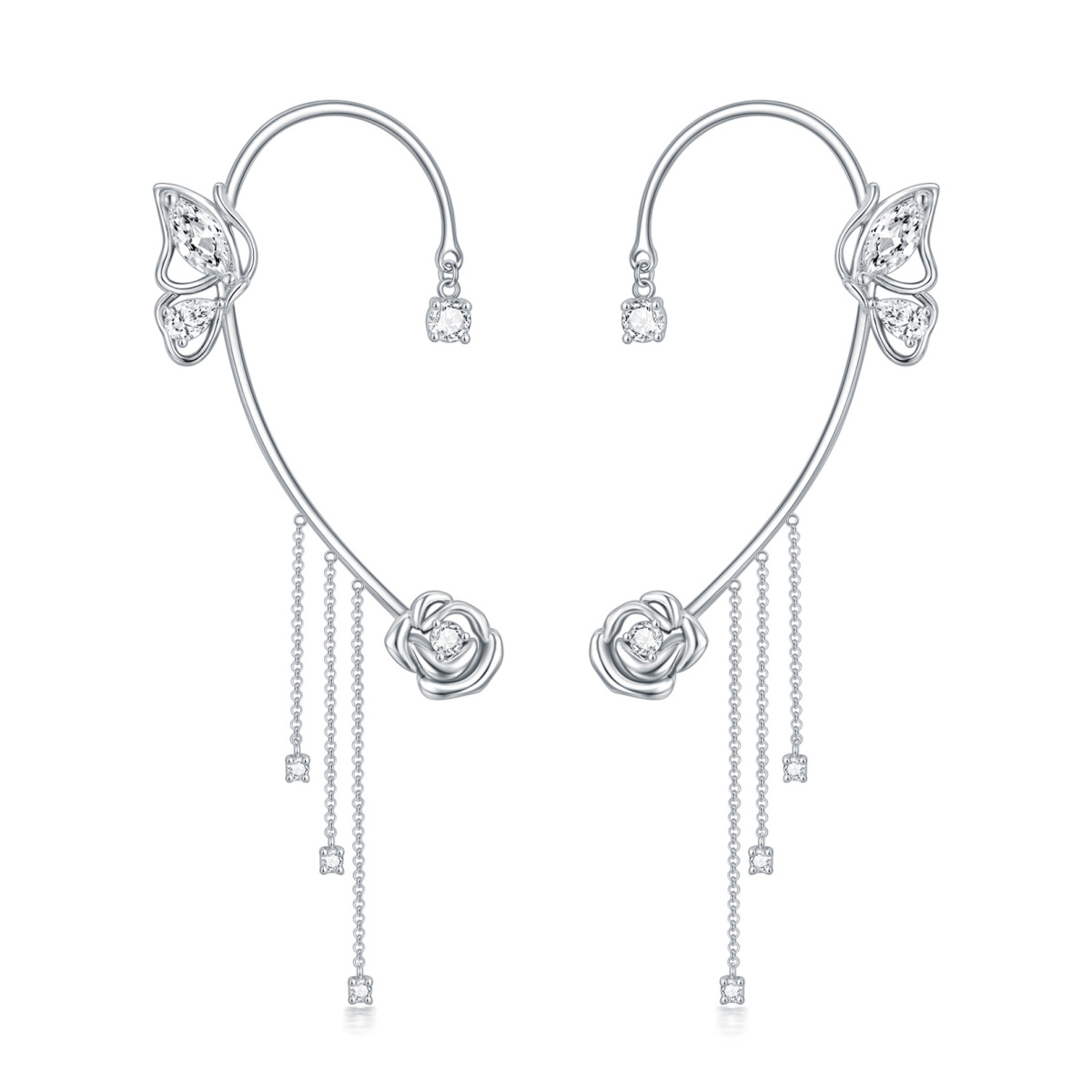 Sterling Silver Circular Shaped Cubic Zirconia Butterfly & Rose Cuff Earrings-1