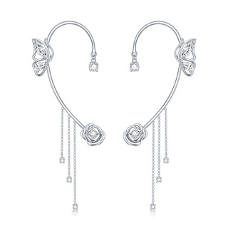 Sterling Silver Circular Shaped Cubic Zirconia Butterfly & Rose Cuff Earrings-4