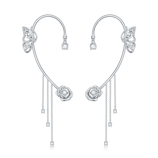 Sterling Silver Circular Shaped Cubic Zirconia Butterfly & Rose Cuff Earrings