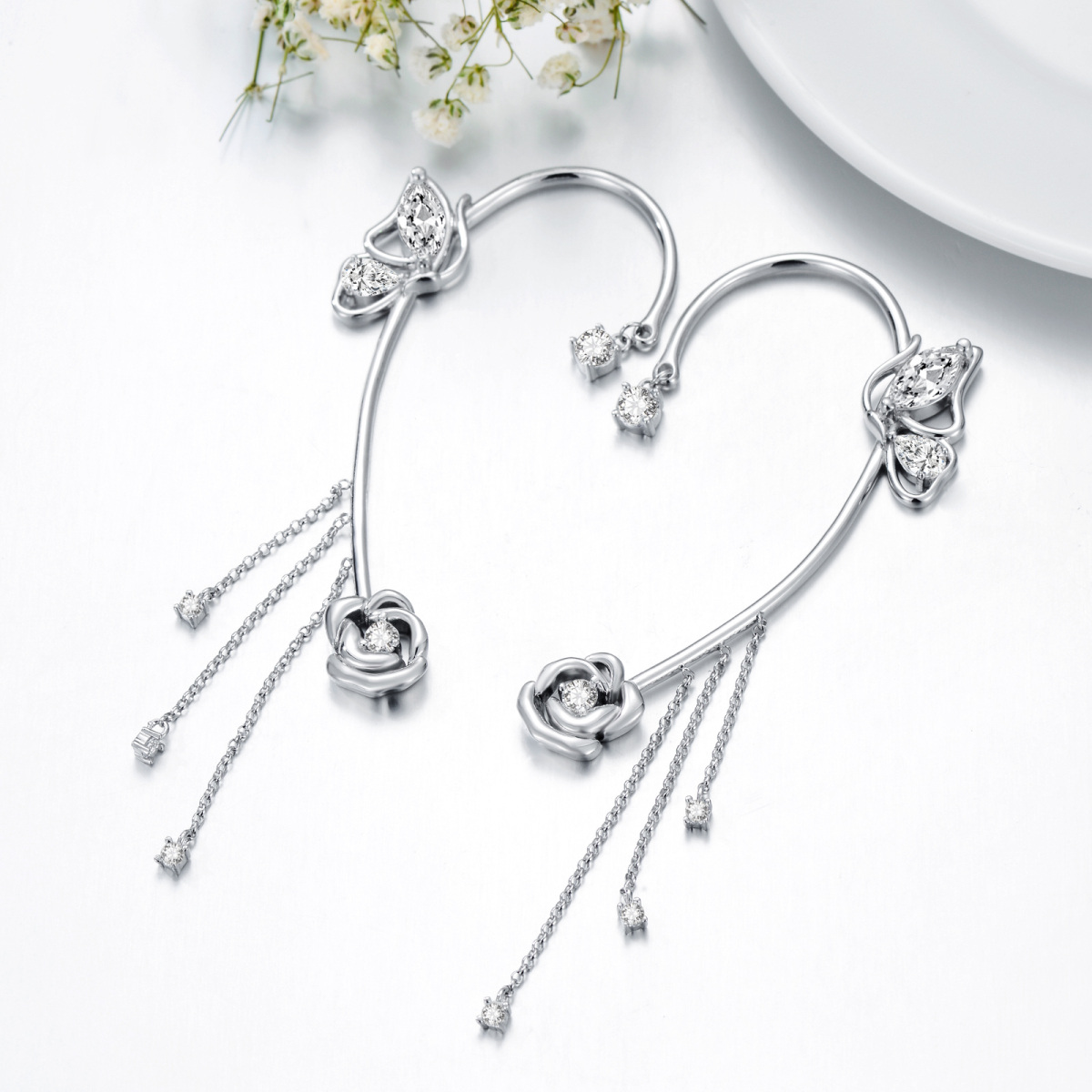 Boucles d'oreilles en argent sterling avec papillon et rose en zircon cubique de forme cir-3