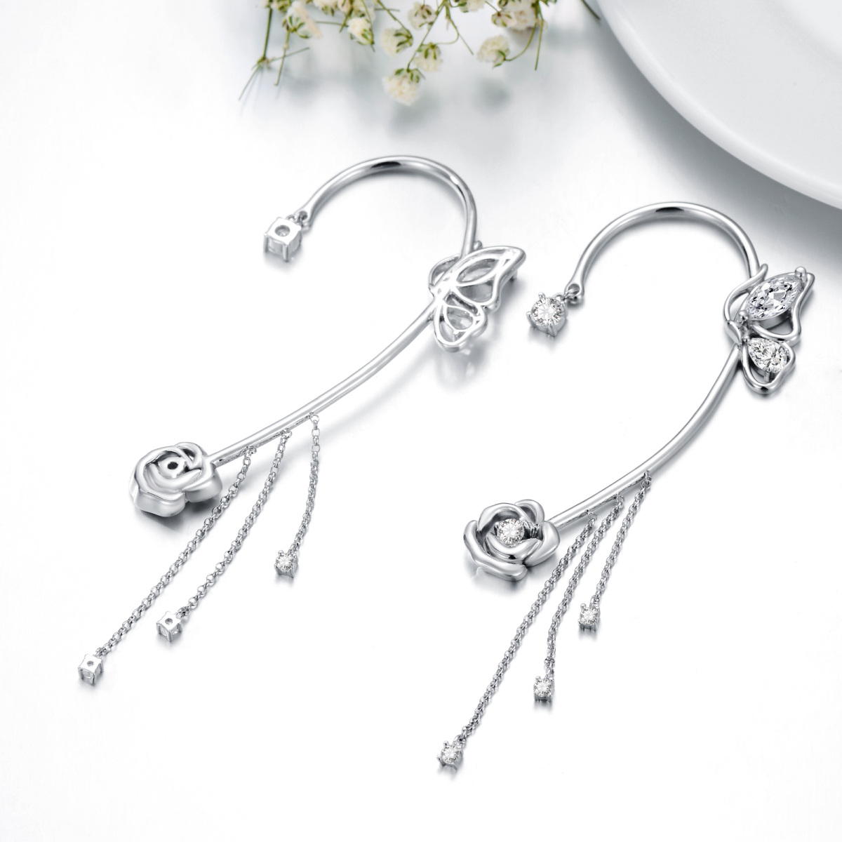 Boucles d'oreilles en argent sterling avec papillon et rose en zircon cubique de forme cir-4