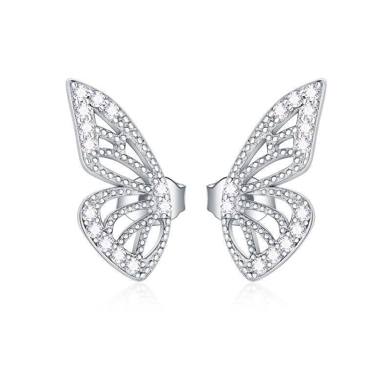 Sterling Silver Circular Shaped Cubic Zirconia Butterfly Stud Earrings