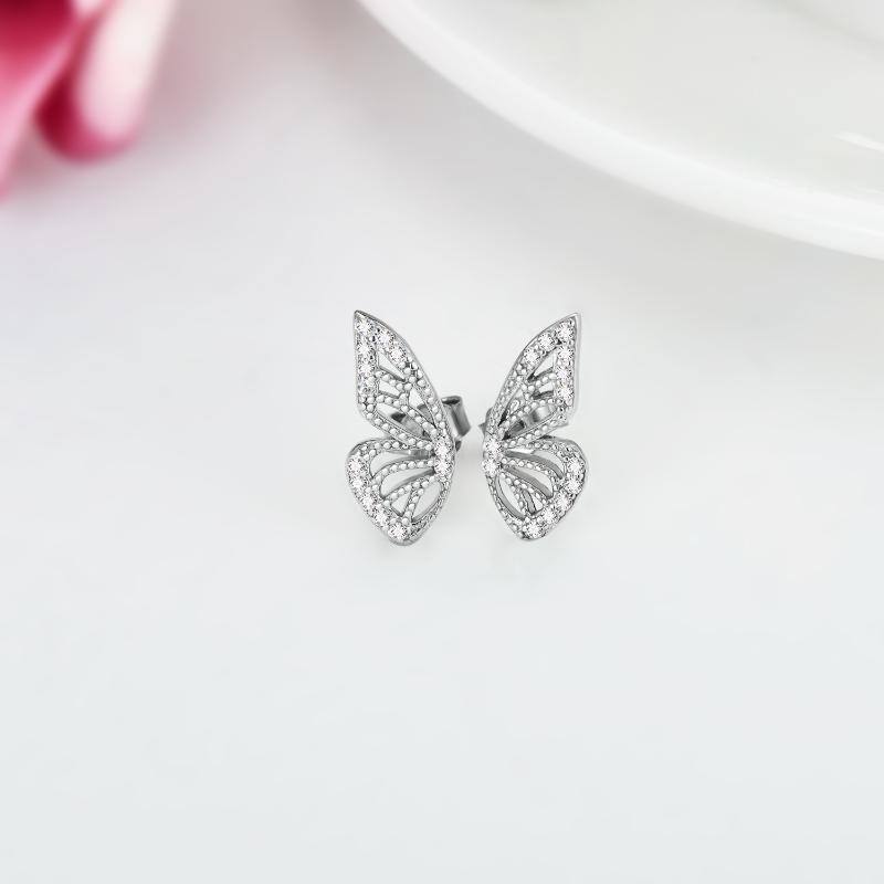 Sterling Silver Circular Shaped Cubic Zirconia Butterfly Stud Earrings-3