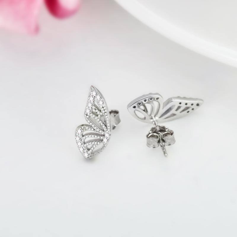 Sterling Silver Circular Shaped Cubic Zirconia Butterfly Stud Earrings-4