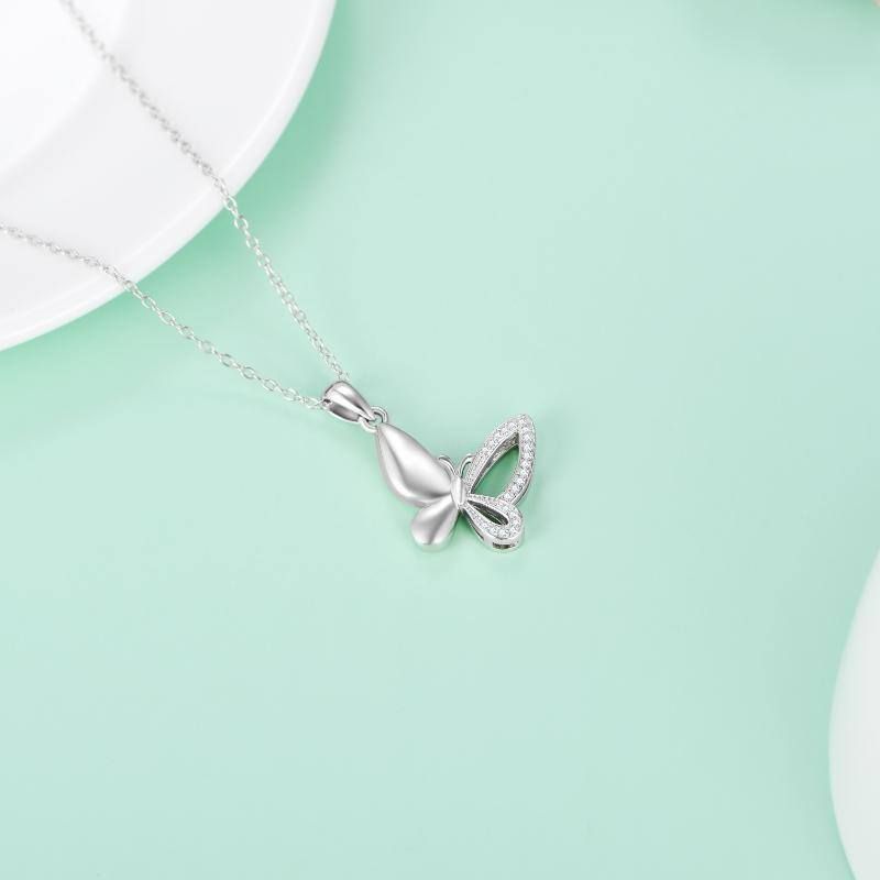 Sterling Silver Circular Shaped Cubic Zirconia Butterfly Urn Necklace for Ashes-4