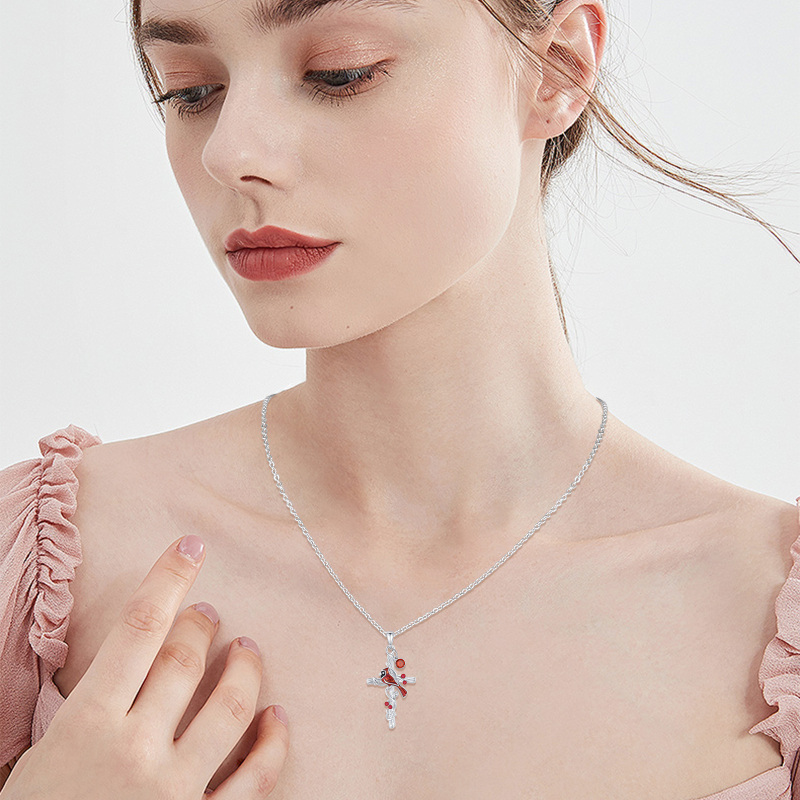 Sterling Silver Circular Cubic Zirconia Cardinal & Cross Pendant Necklace for Women-2