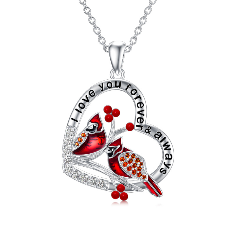 Sterling Silver Circular Shaped Cubic Zirconia Cardinal & Heart Pendant Necklace with Engraved Word-12