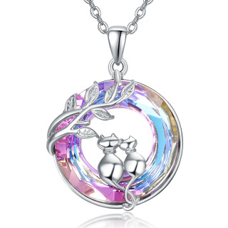 Sterling Silver Circular Shaped Cat Crystal Pendant Necklace-14