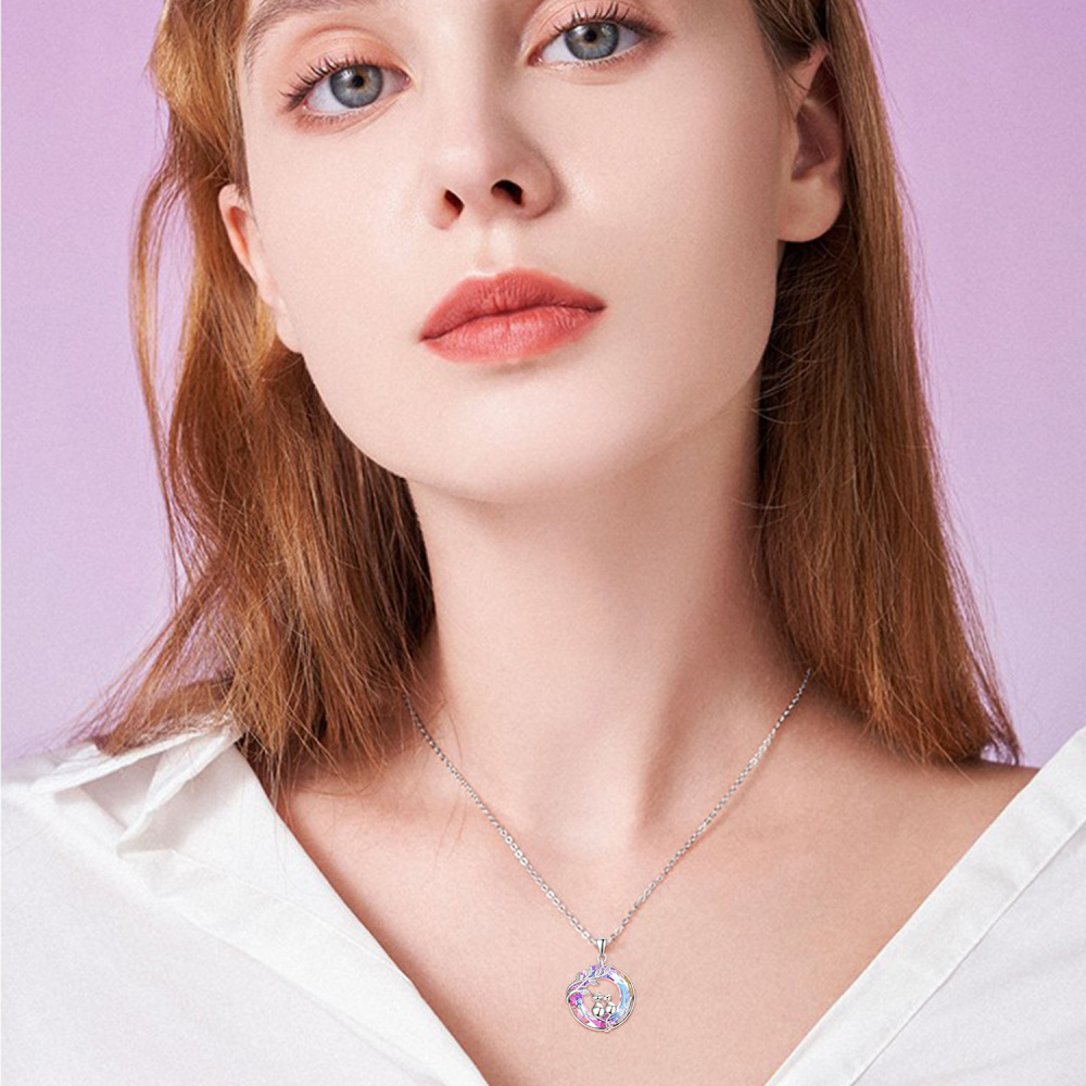 Sterling Silver Circular Shaped Cat Crystal Pendant Necklace-2