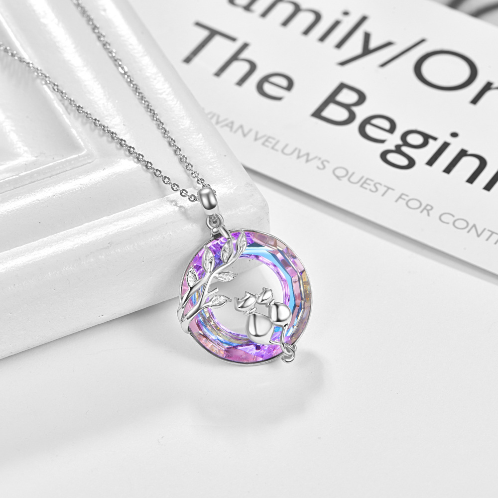Sterling Silver Circular Shaped Cat Crystal Pendant Necklace-3