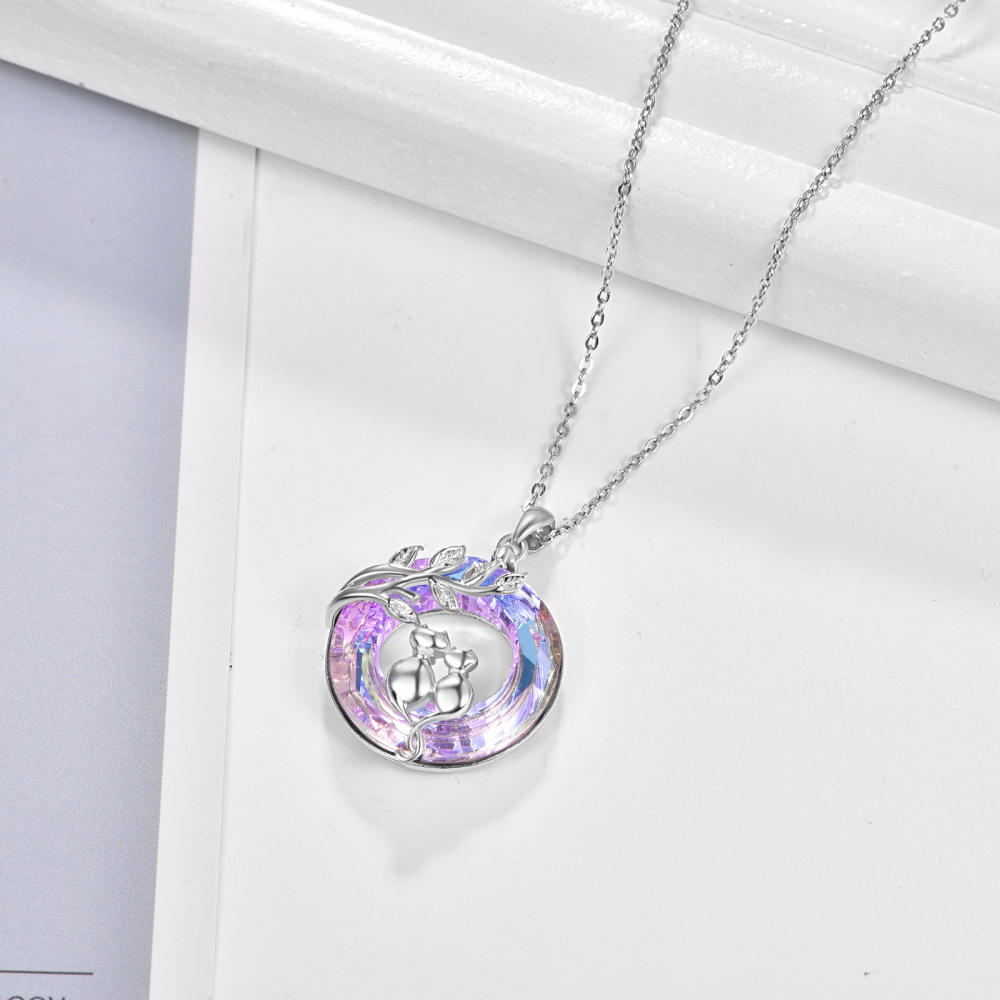 Sterling Silver Circular Shaped Cat Crystal Pendant Necklace-4