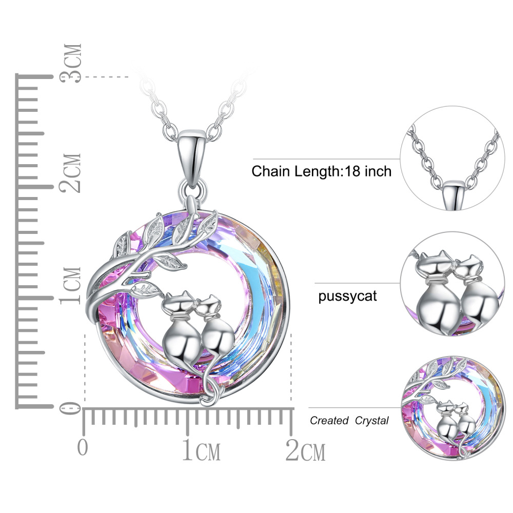 Sterling Silver Circular Shaped Cat Crystal Pendant Necklace-5