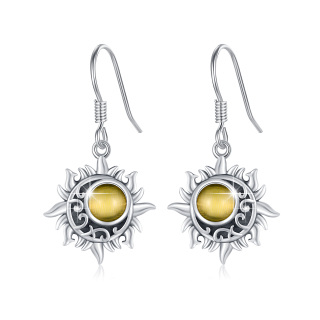 Sterling Silver Circular Shaped Cat's Eye Stone Sun Drop Earrings-2