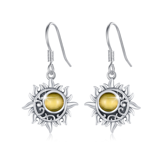 Sterling Silver Circular Shaped Cat's Eye Stone Sun Drop Earrings