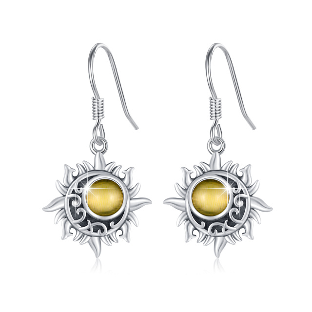 Sterling Silver Circular Shaped Cat's Eye Stone Sun Drop Earrings-5