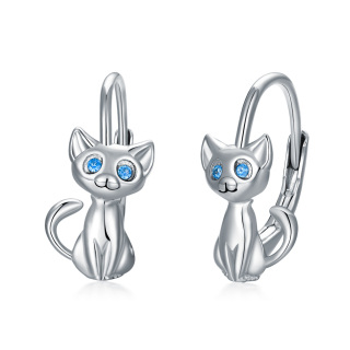 Sterling Silver Circular Shaped Cubic Zirconia Cat Hoop Earrings-36