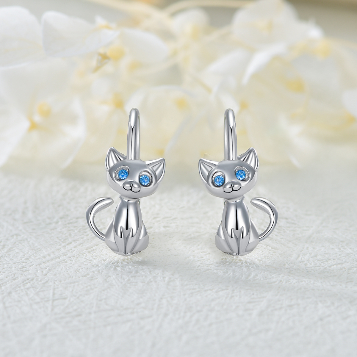 Sterling Silver Circular Shaped Cubic Zirconia Cat Hoop Earrings-3