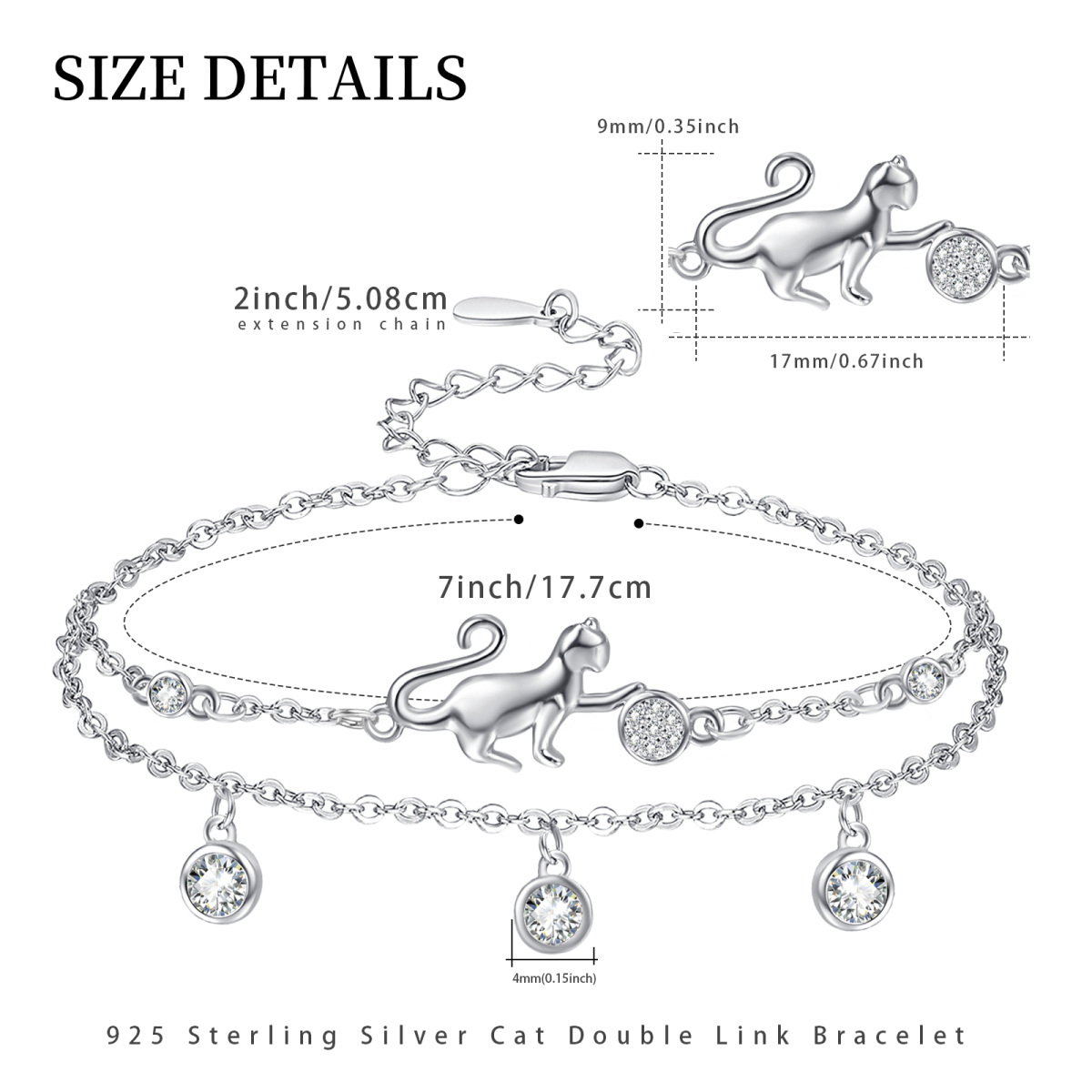 Sterling Silver Circular Shaped Cubic Zirconia Cat Layerered Bracelet-5