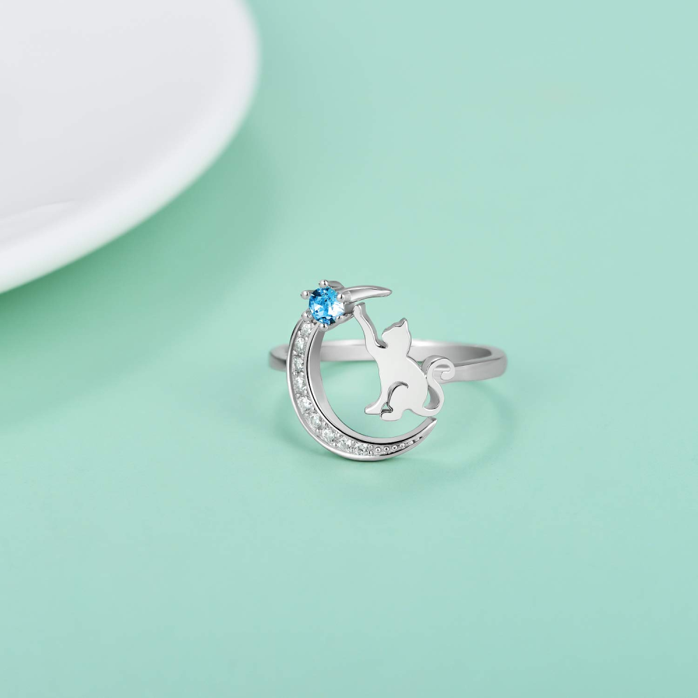 Sterling Silver Round Shaped Cubic Zirconia Cat Open Ring-3