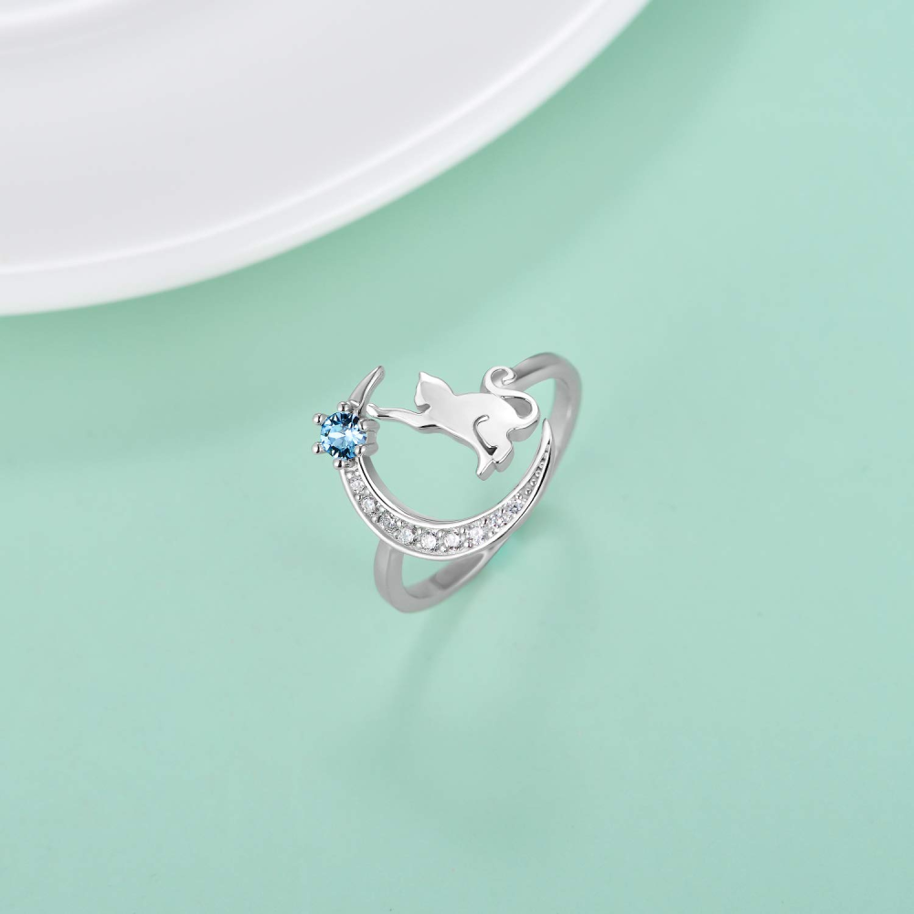 Sterling Silver Round Shaped Cubic Zirconia Cat Open Ring-4