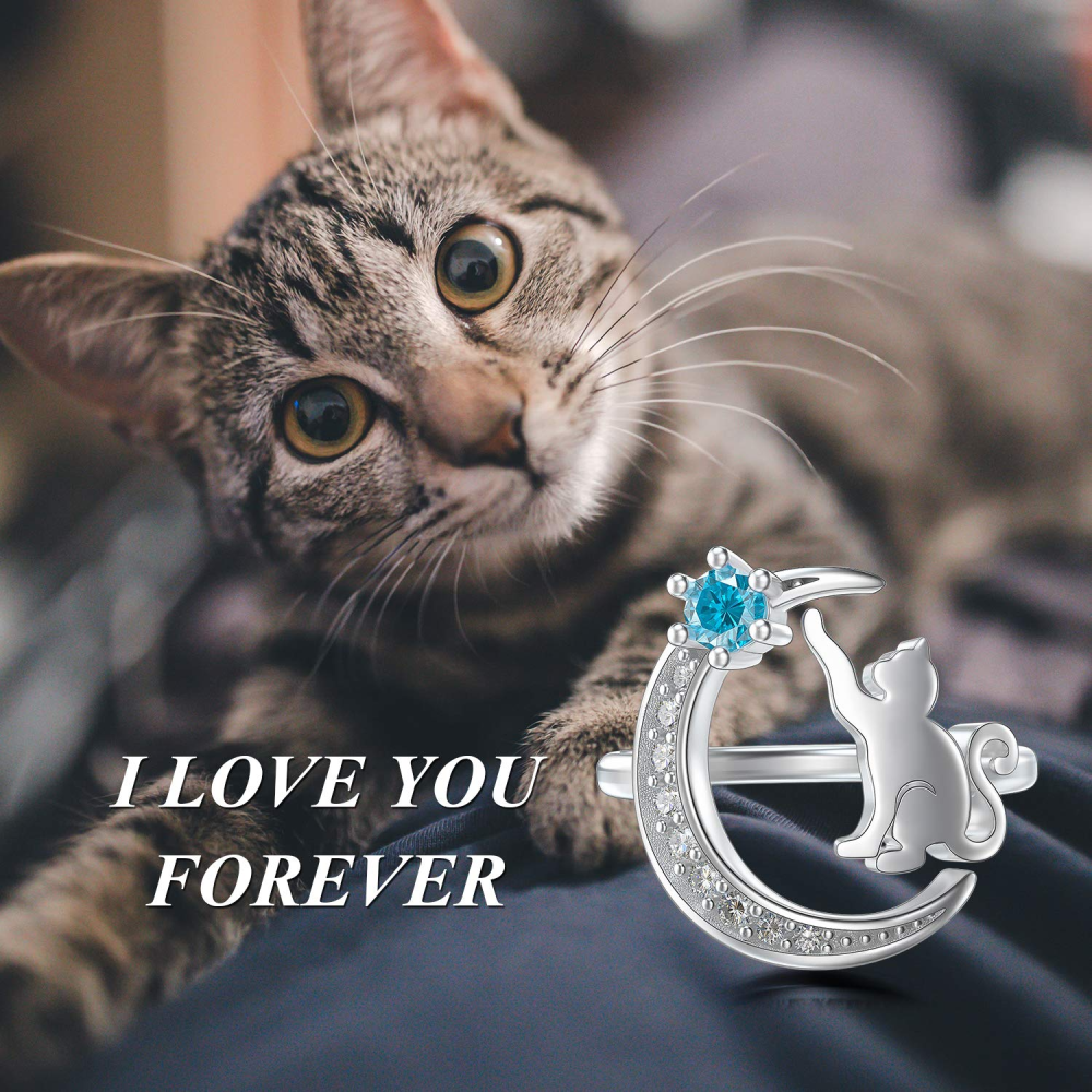 Sterling Silver Round Shaped Cubic Zirconia Cat Open Ring-6