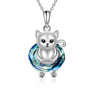 Sterling Silver Circular Shaped Cat Pendant Necklace-48