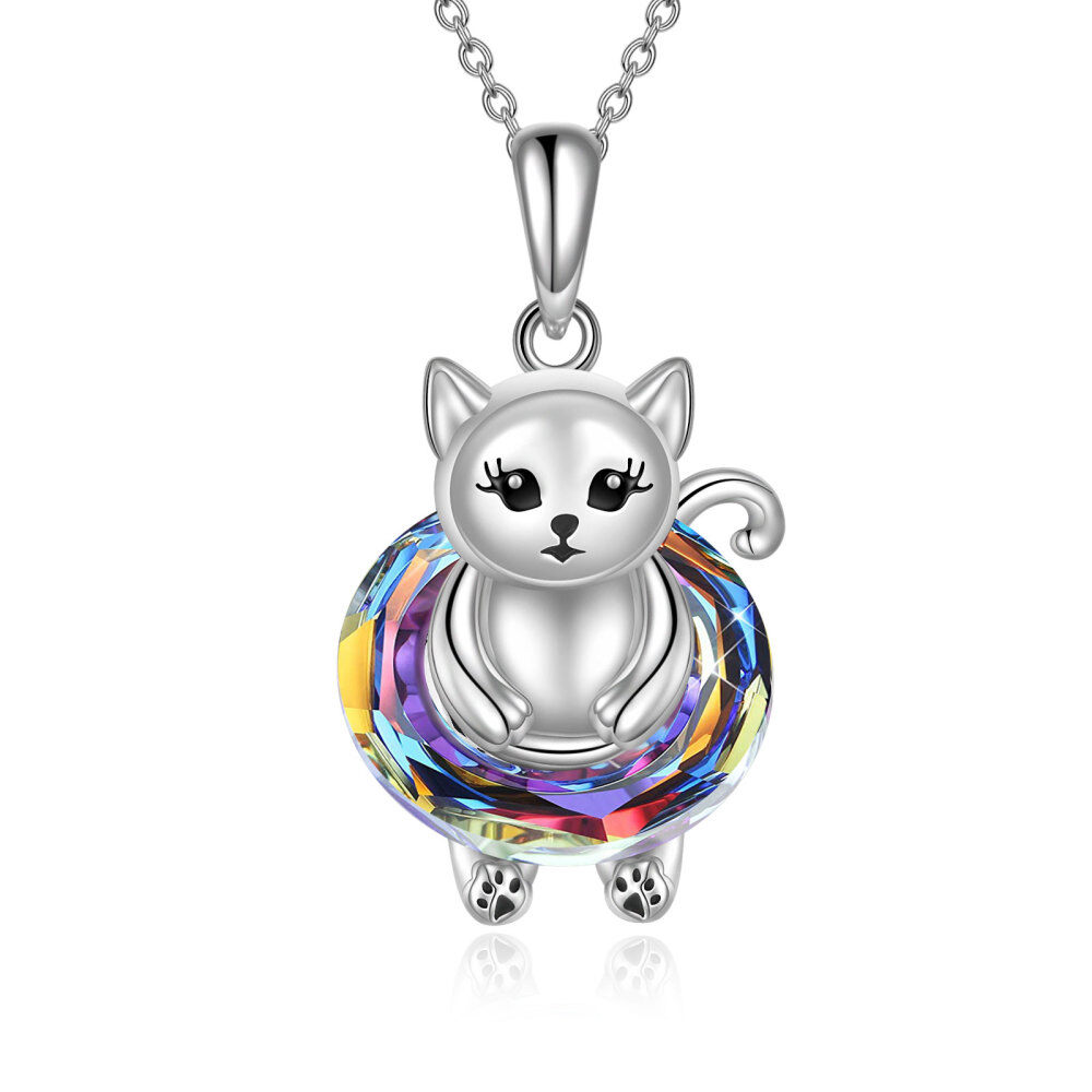 Sterling Silver Circular Shaped Cat Pendant Necklace-1