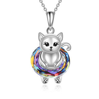 Sterling Silver Circular Shaped Cat Pendant Necklace-8