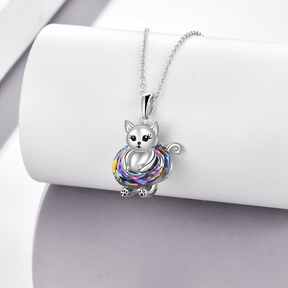 Sterling Silver Circular Shaped Cat Pendant Necklace-4