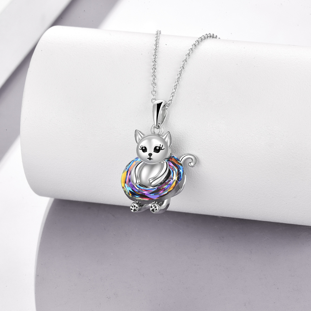 Sterling Silver Circular Shaped Cat Pendant Necklace-4