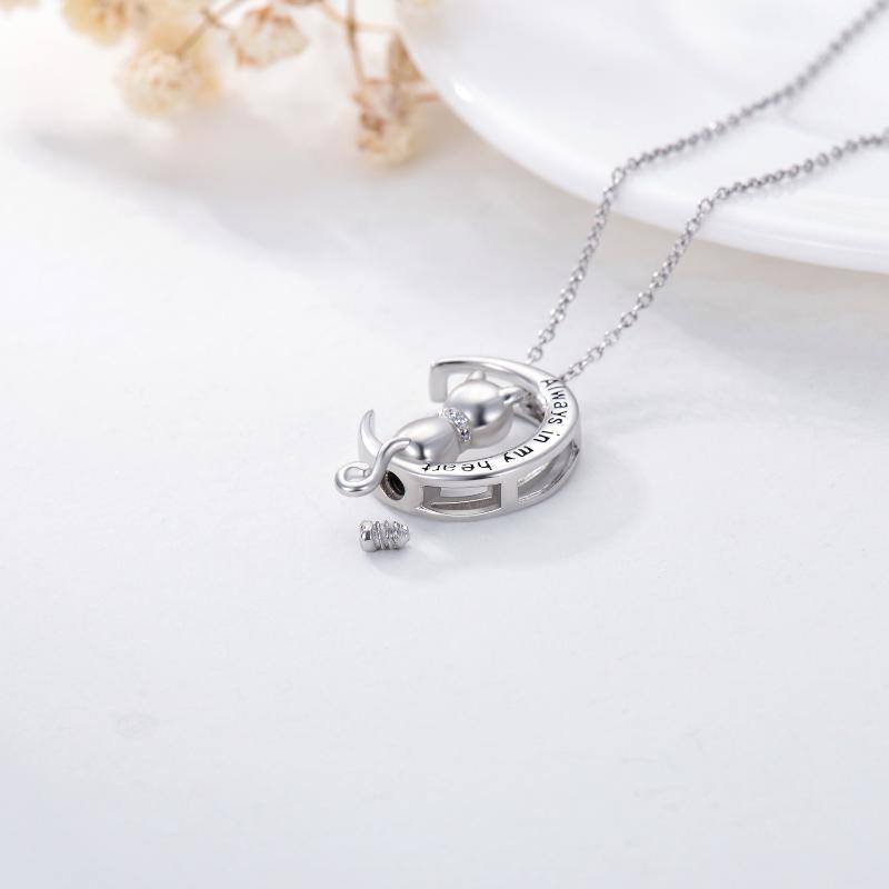 Sterling Silver Circular Shaped Cat Urn Necklace for Ashes with Engraved Word-5