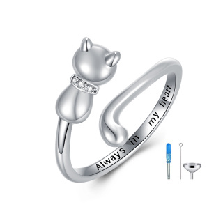 Sterling Silver Circular Shaped Cubic Zirconia Cat Urn Ring with Engraved Word-51